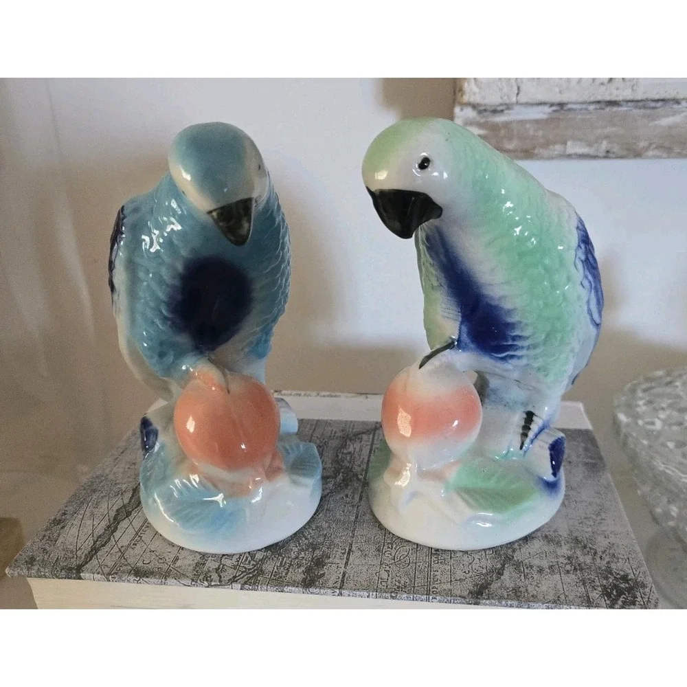 Set‎ Of 2 Vintage Porcelain Blue Parrots Figurine Brazil Pastel Colors No Chips